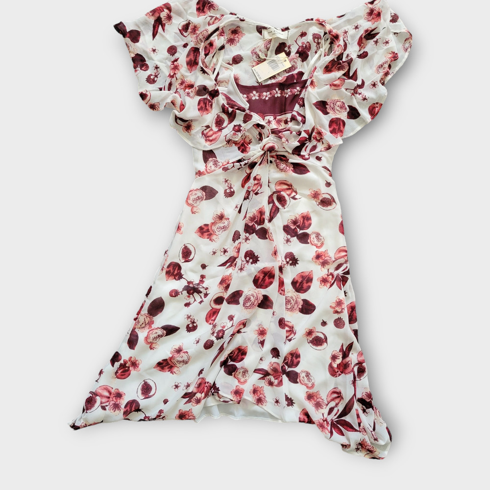 Max Studio London Floral-Print Ivory Burgundy Flounce Chiffon Dress Women Sz 0 - Picture 6 of 8
